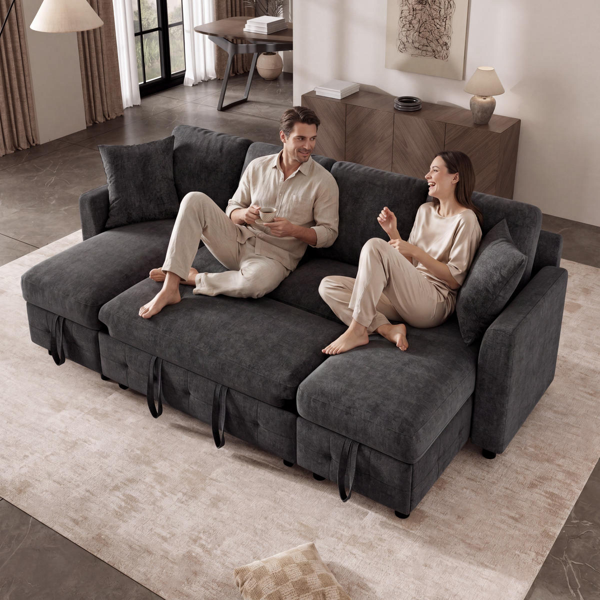 SOFA U Form Chenille Schlafsofa USB Type C Stauraum Grau - Dunkelgrau, Textil (260/82/128cm) - FLIEKS