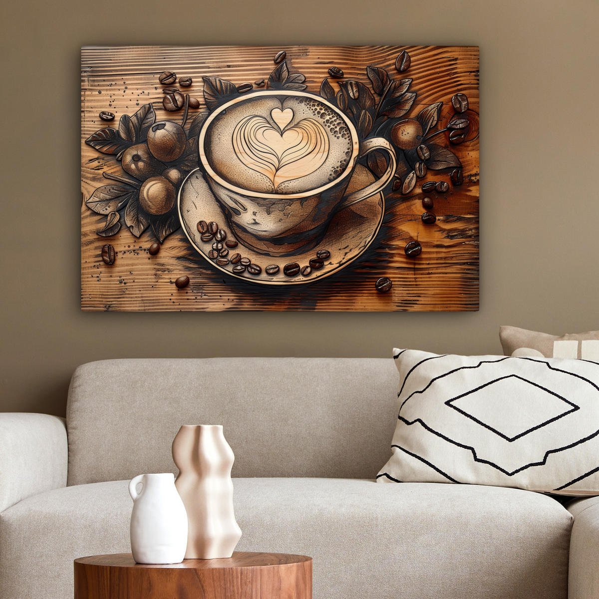 LEINWANDBILD Kaffee - Vintage - Braun - Tasse - Holz Wanddeko 90x60 cm - Braun, Textil (90/60cm) - MuchoWow