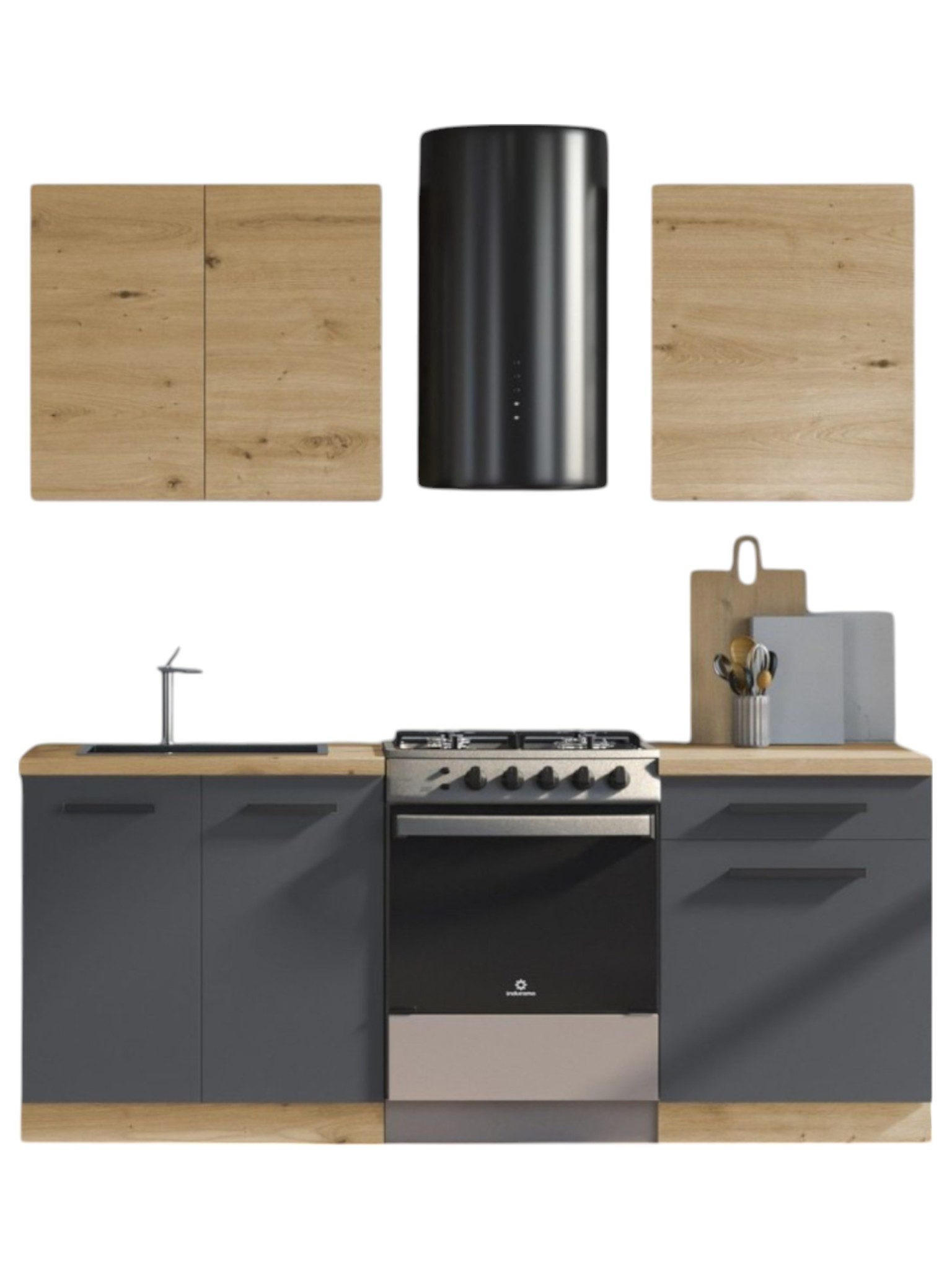 KÜCHENZEILE 140 cm - Nexa K13-G140 - in Grau / Matt - Schwarz/Eiche Artisan, Holz/Metall (140/212/58cm) - ROYAL24_MARKT