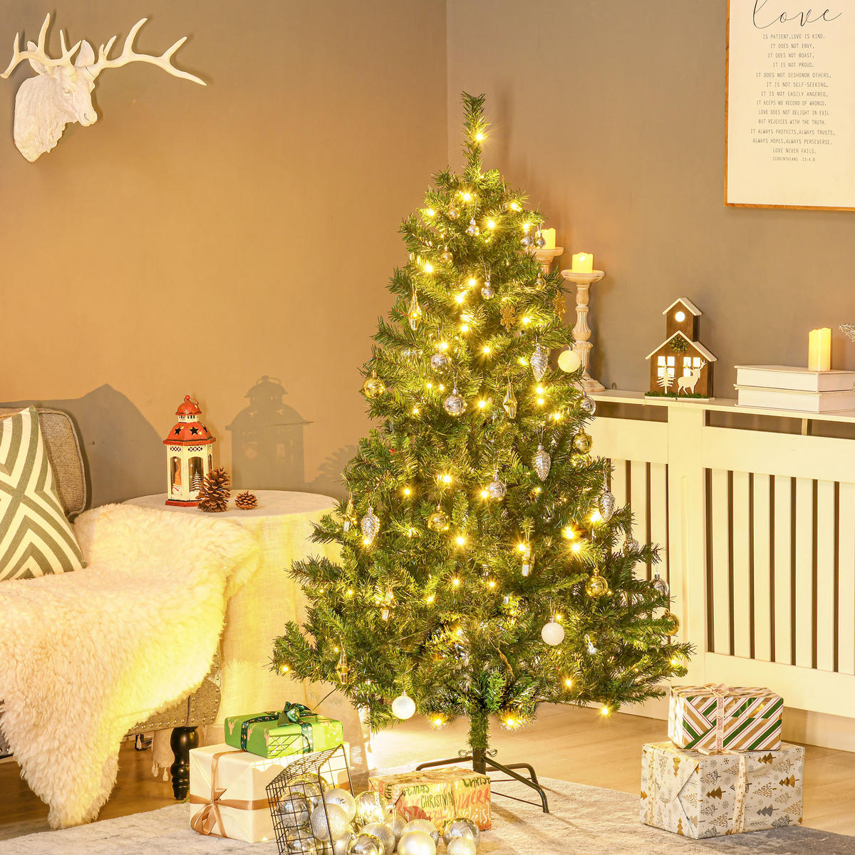 WEIHNACHTSBAUM Tannenbaum mit Deko 120 LEDs 511 Spitzen Ø95 x 150H cm - Grün, Kunststoff (150cm) - HOMCOM