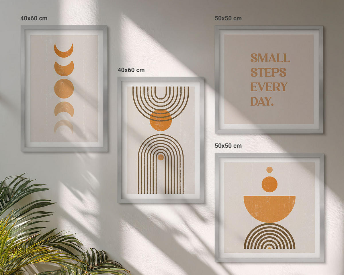 BILDER SET 4er Set - 50x50 cm & 40x60 cm Silberner Rahmen - Minimalistische Boho-Muster - Silberfarben, Kunststoff (50/50cm) - TULUP