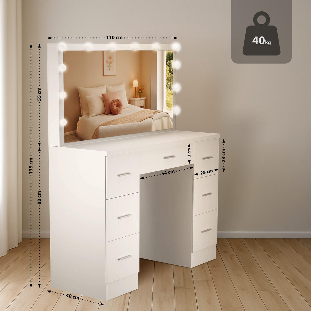 SCHMINKTISCH eckig 110/40/135 cm Holz Weiß - Weiß, Holz (110/135/40cm) - CLP