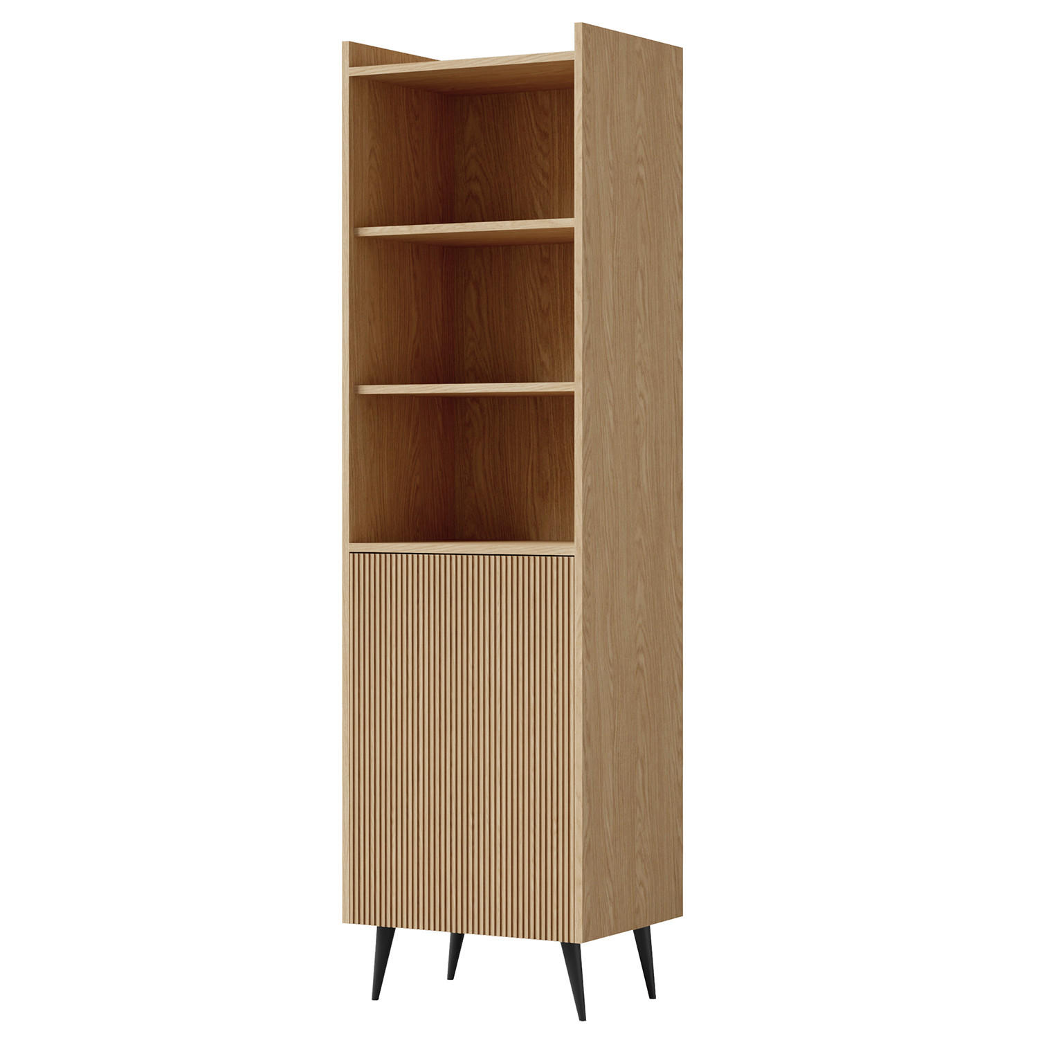 Beautysofa KNIHOVNA Amfali s 1 dveřmi a otevřenými policemi, drážkovaná čela, systém Push-to-open, 52 cm, jarní dub