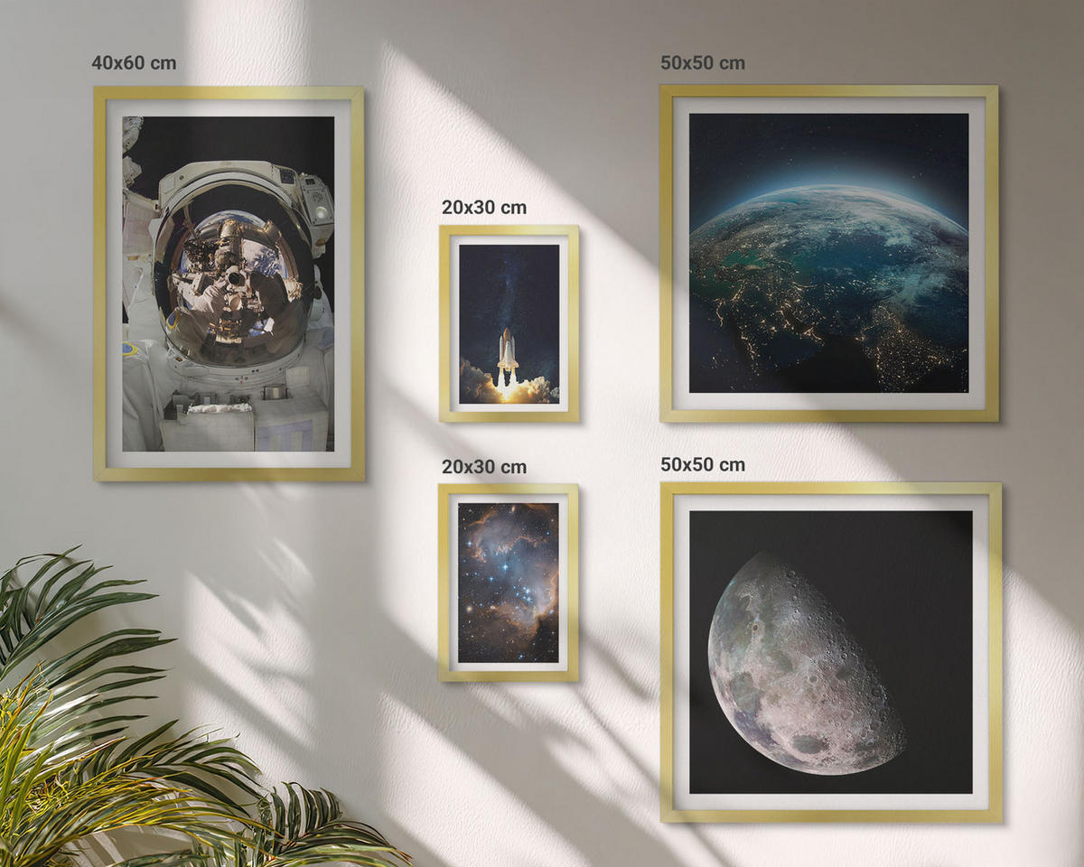 BILDER SET 5er Set - 50x50 cm & 20x30 cm & 40x60 cm Goldrahmen - Weltraum Erde Rakete Galaxie - Goldfarben, Kunststoff (40/60cm) - TULUP