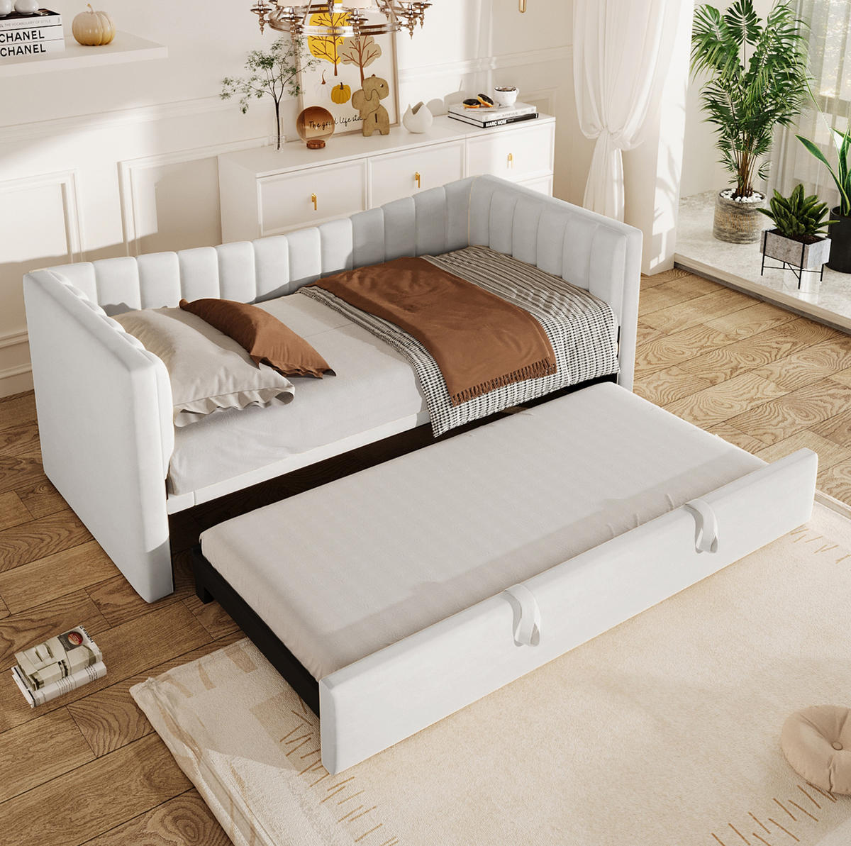 POLSTERBETT 90/200 cm mit ausziehbarem Rollbett und Samtbezug, platzsparend, Weiß - Weiß, Textil (180/200cm) - Redom