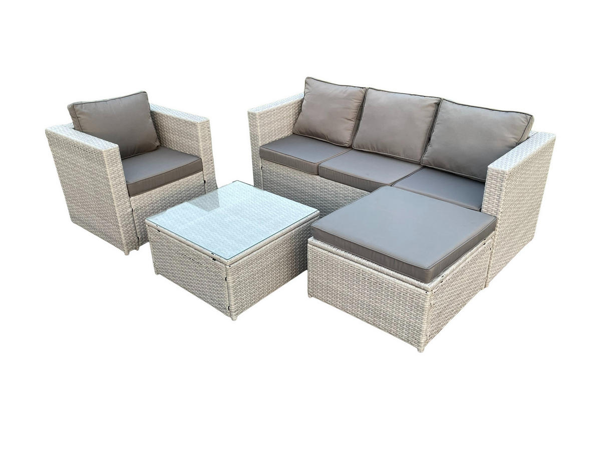 GARTENSOFA SET mit Couchtisch Polyrattan Helles Grau 5-Sitzer - Hellgrau, Metall - Fimous