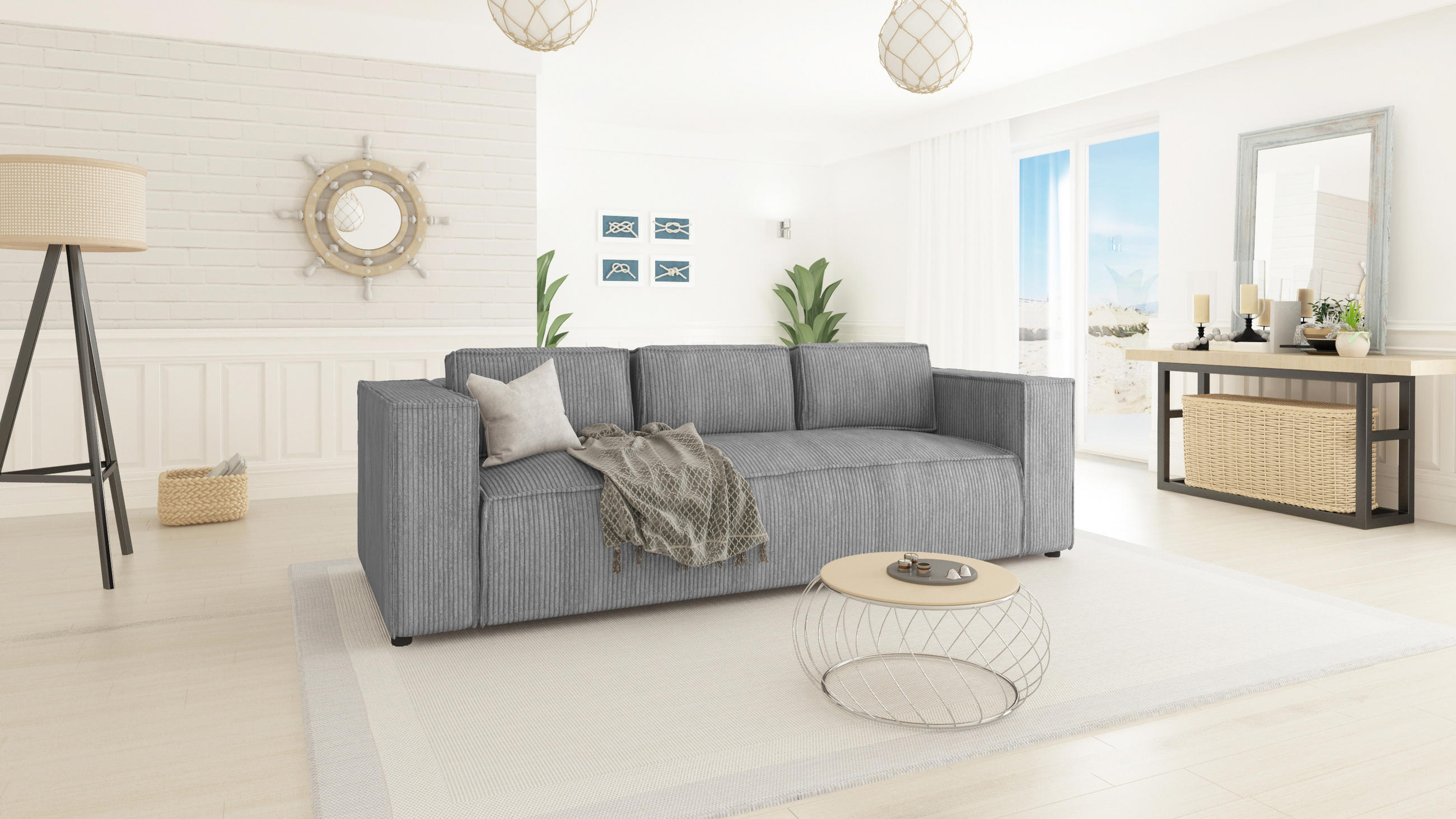 3-SITZER-SOFA Nova Hellgrau Cord - Hellgrau/Schwarz, Holz/Kunststoff (230/64/92cm) - S-Style Möbel