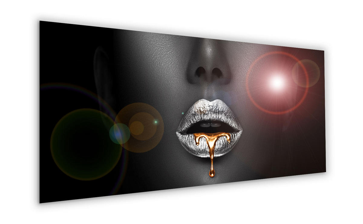 GLASBILD 125x50 cm Lippen schwarz gold - Silberfarben, Glas (125/50cm) - artissimo