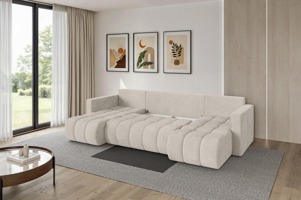 SEDACÍ SOUPRAVA DO U s funkcí spaní a úložným prostorem GARD-U 300x146x85 krémová manšestr - černá/krémová, kompozitní dřevo/textil (300/85/146cm) - ALTDECOR