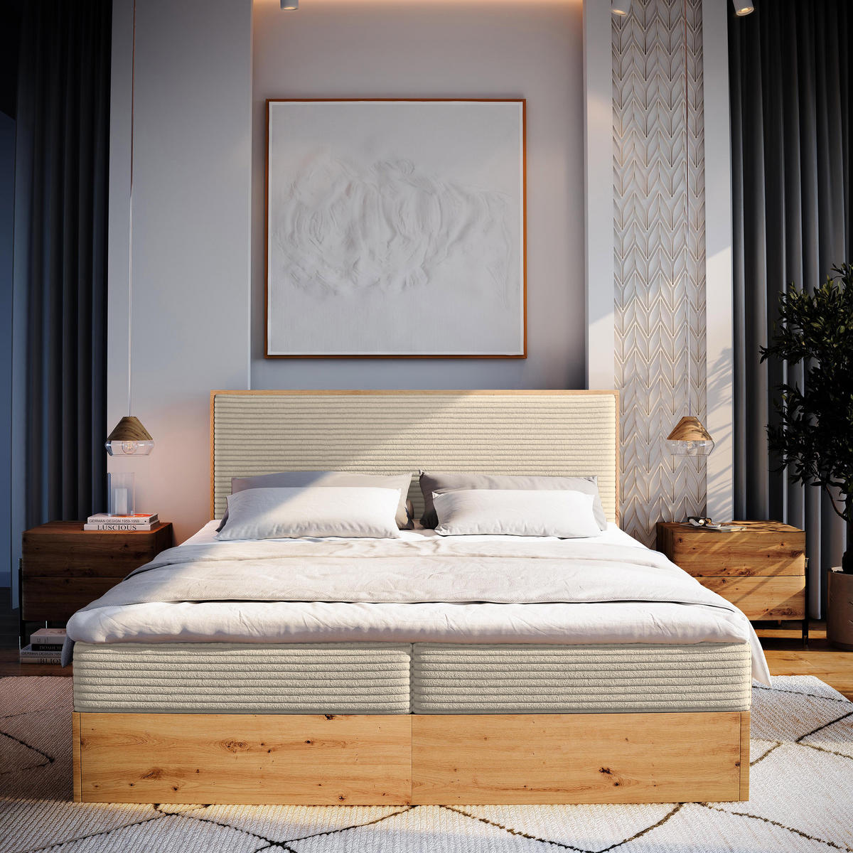 BOXBETT VERDON 160x200 cm mit Matratze und Topper - Creme - Creme, Holz (160/200cm) - MASSENO