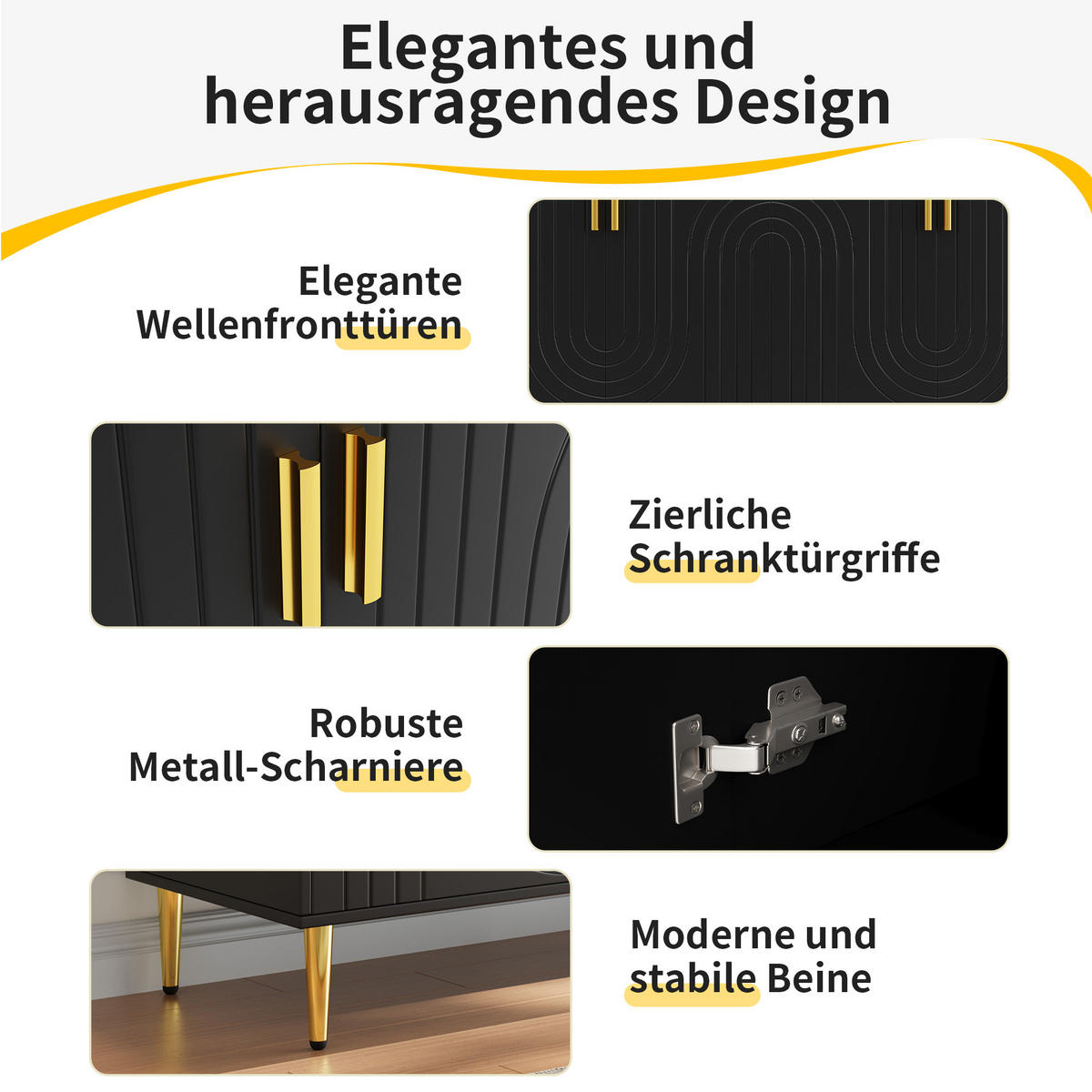 SIDEBOARD Wellenfront mit goldenen Griffen & Füßen Schwarzes - Schwarz, Holzwerkstoff (152/75/40cm) - Urban Meuble