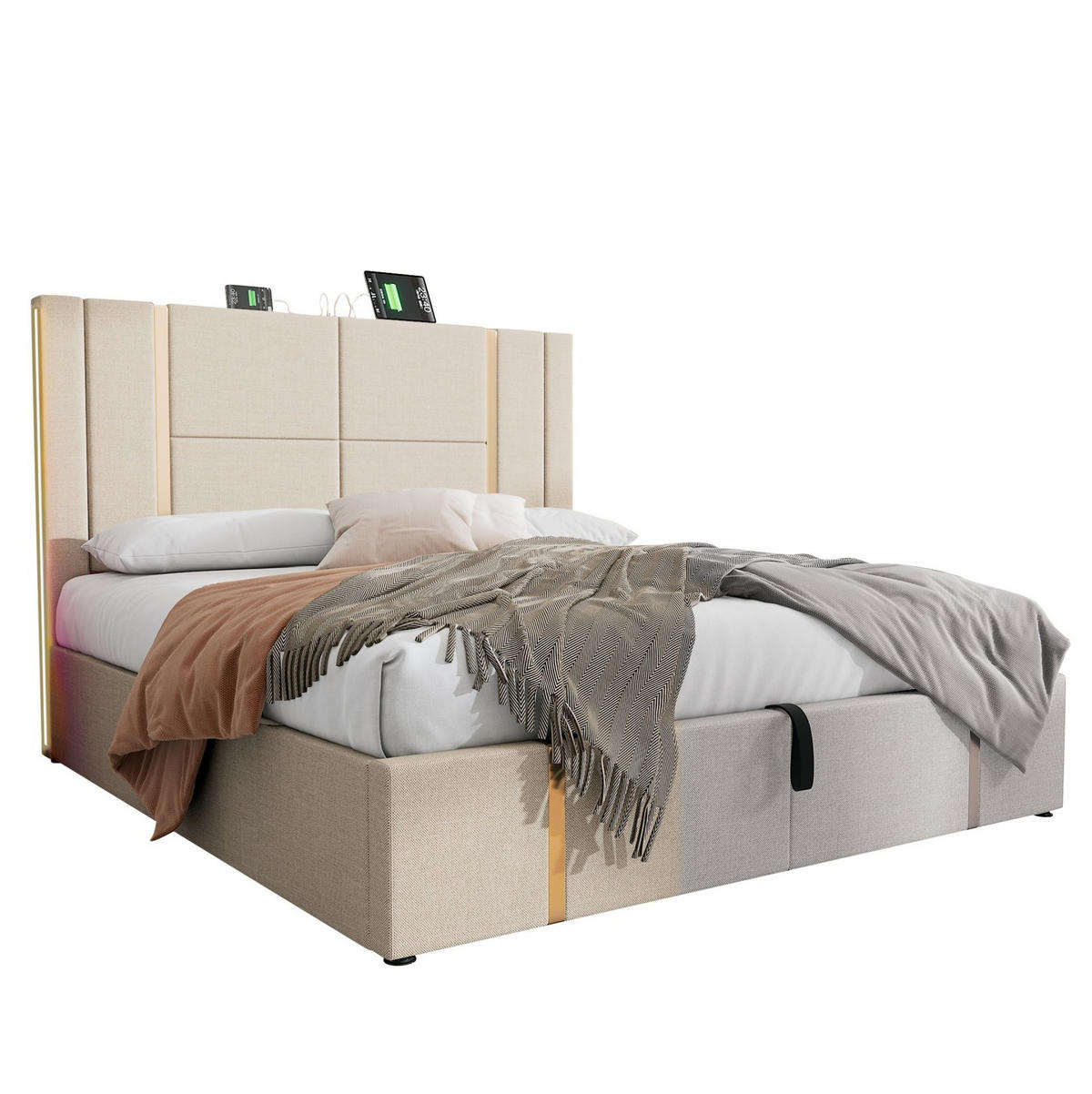 POLSTERBETT 180/200 cm Beige mit USB- und Type-C-Anschlüssen und LED-Beleuchtung - Beige, Textil (180/200cm) - OKWISH