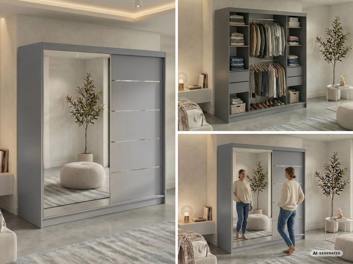 SCHWEBETÜRENSCHRANK mit Schubladen 200 - SKORIA - Grau mit Spiegel - Alufarben/Grau, Holzwerkstoff/Metall (200/216/61cm) - MKS