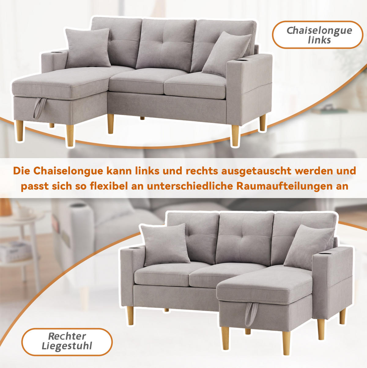 ECKSOFA 175/129/90 cm hellgrau aus Baumwoll-Leinen mit Stauraum - Hellgrau, Textil (175/129cm) - OKWISH