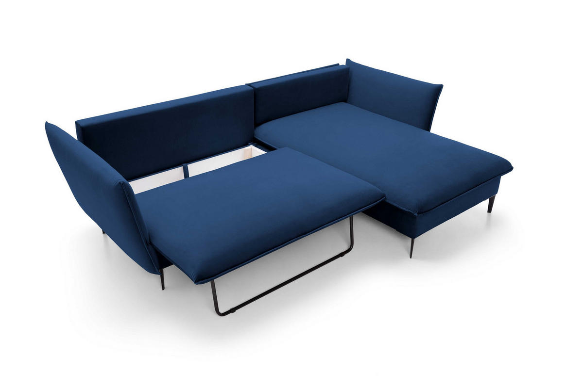 ECKSOFA SOLE Blau Plüsch-Stoff mit Schlaffunktion - Blau, Holz (258/167cm) - MASSENO