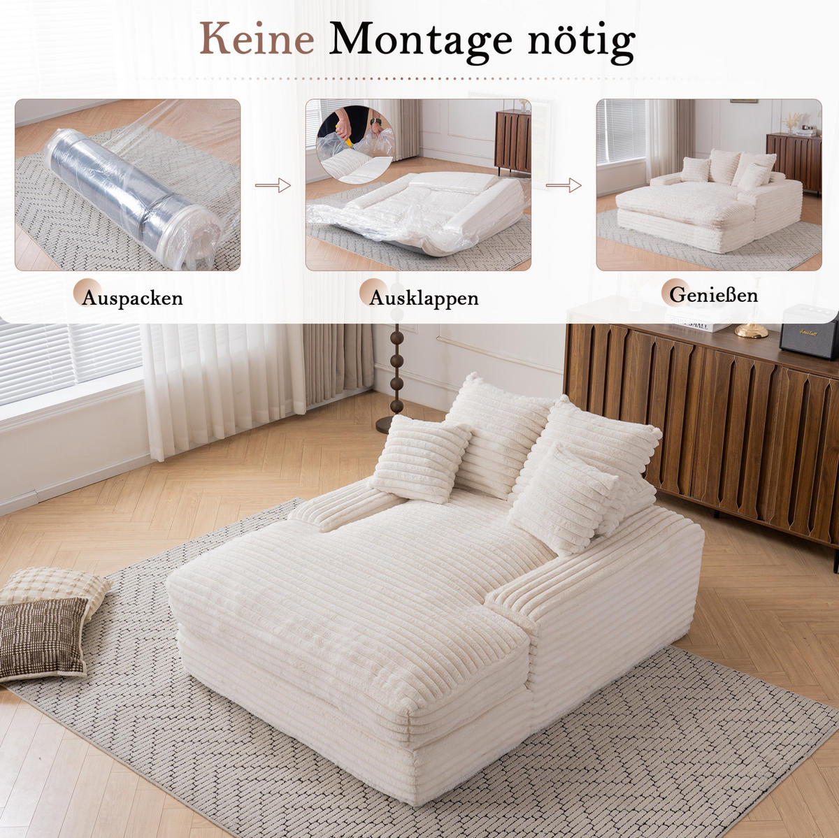 RELAXLIEGE Cord 135x165 cm Beige mit 4 Kissen - Beige, Kunststoff (135/58/165cm) - Beauniv