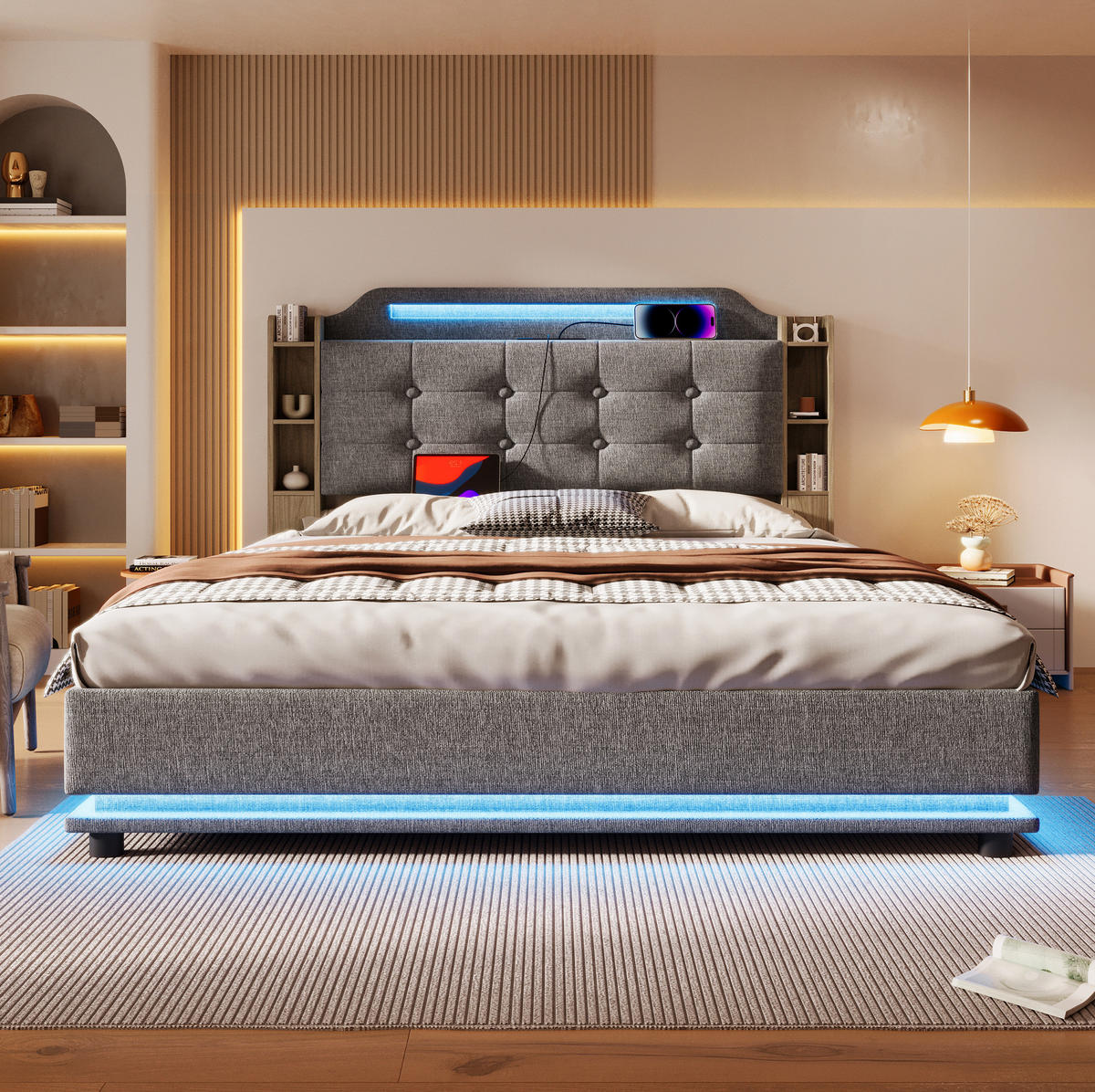 POLSTERBETT mit Bettkasten 140x200 cm Leinen Grau mit LED - Grau, Metall (140/200cm) - Meubliv