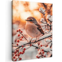 LEINWANDBILD Vogel - Zweig - Winter - Tiere - Schnee 60x80 cm - Bernsteinfarben, Textil (60/80cm) - MuchoWow