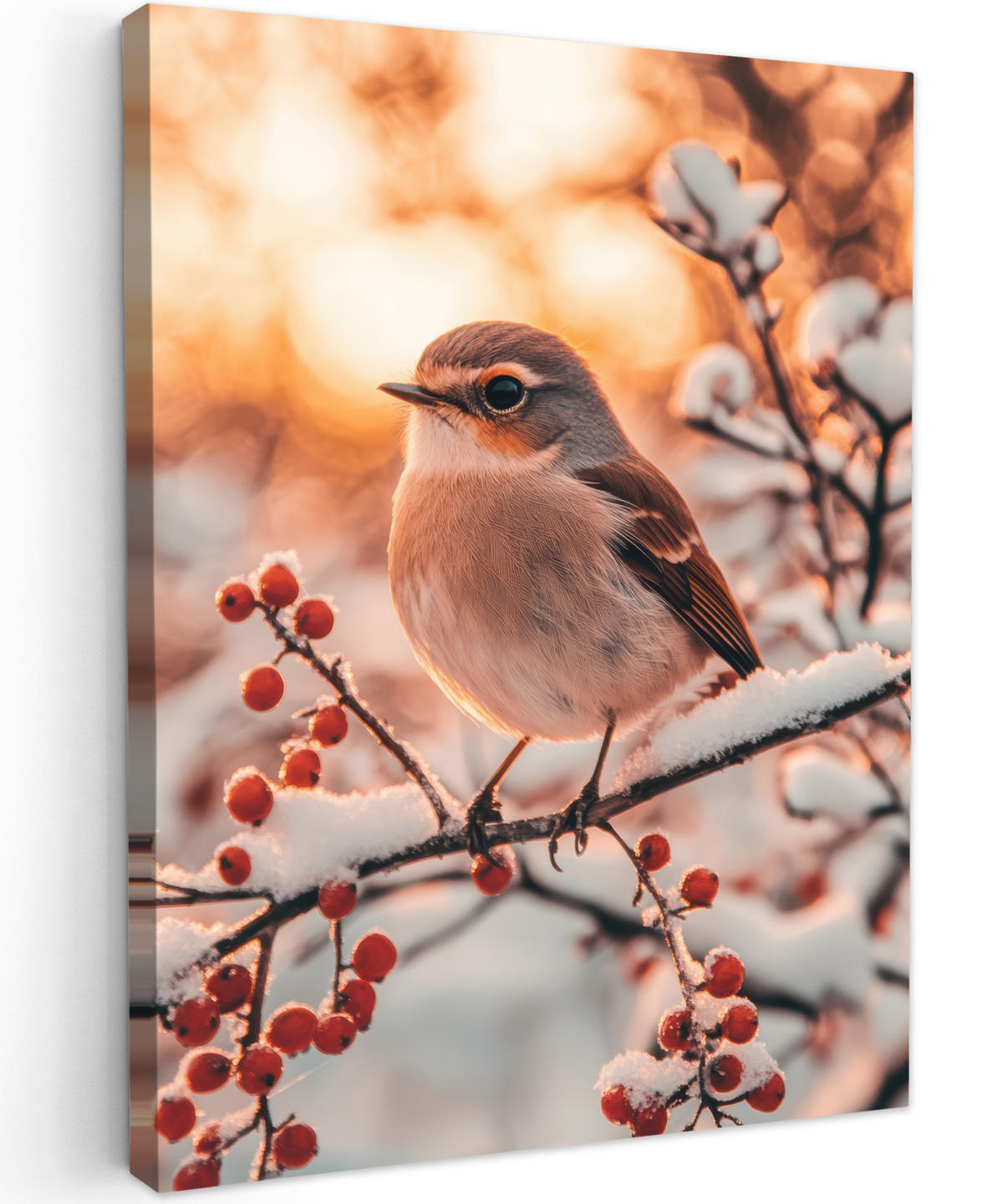 LEINWANDBILD Vogel - Zweig - Winter - Tiere - Schnee 60x80 cm - Bernsteinfarben, Textil (60/80cm) - MuchoWow