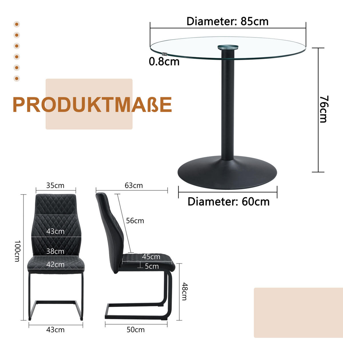 ESSTISCH-SET 4-tlg. 85 cm Glas Schwarz - Schwarz, Metall (85/76/85cm) - Meubliv