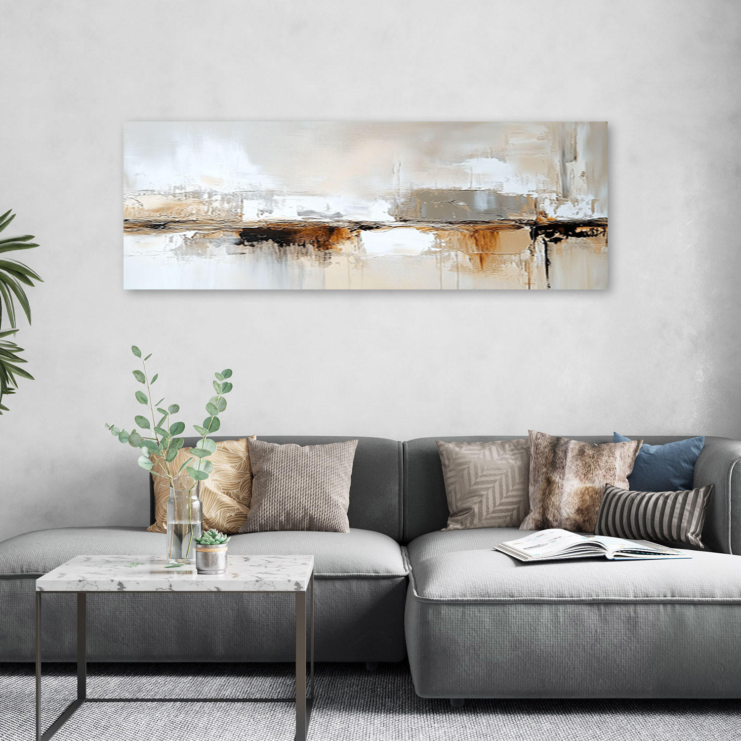 LEINWANDBILD Abstrakte graue, goldbraune Lofts 90x30cm - Beige, Textil (90/30cm) - Feeby