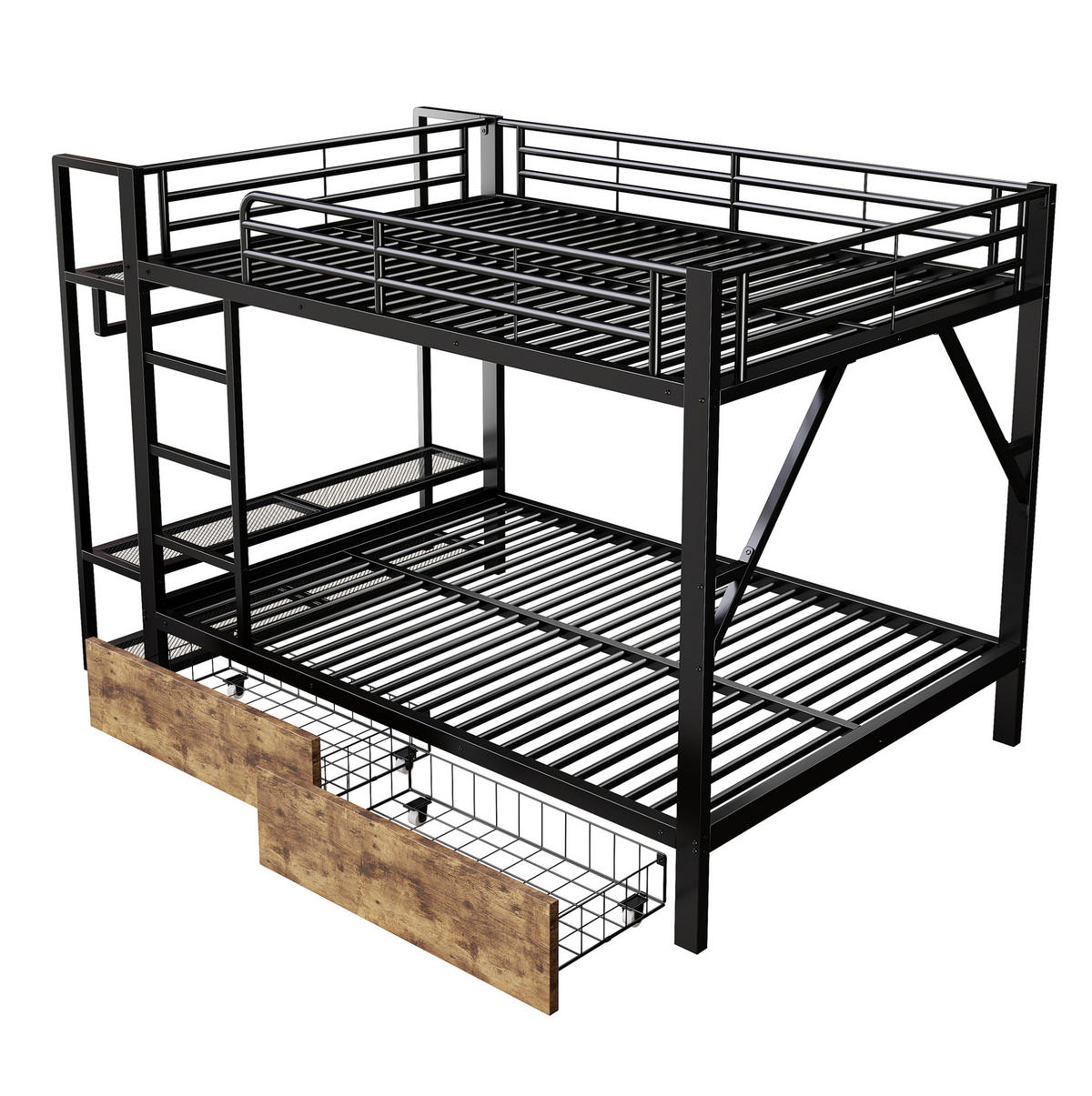 ETAGENBETT aus Metall und MDF 140x200 cm Schwarz mit LED-Lichtleiste, 2 Schubladen, Regalen und Kleiderstange - Schwarz, Metall (140/200cm) - Modfu