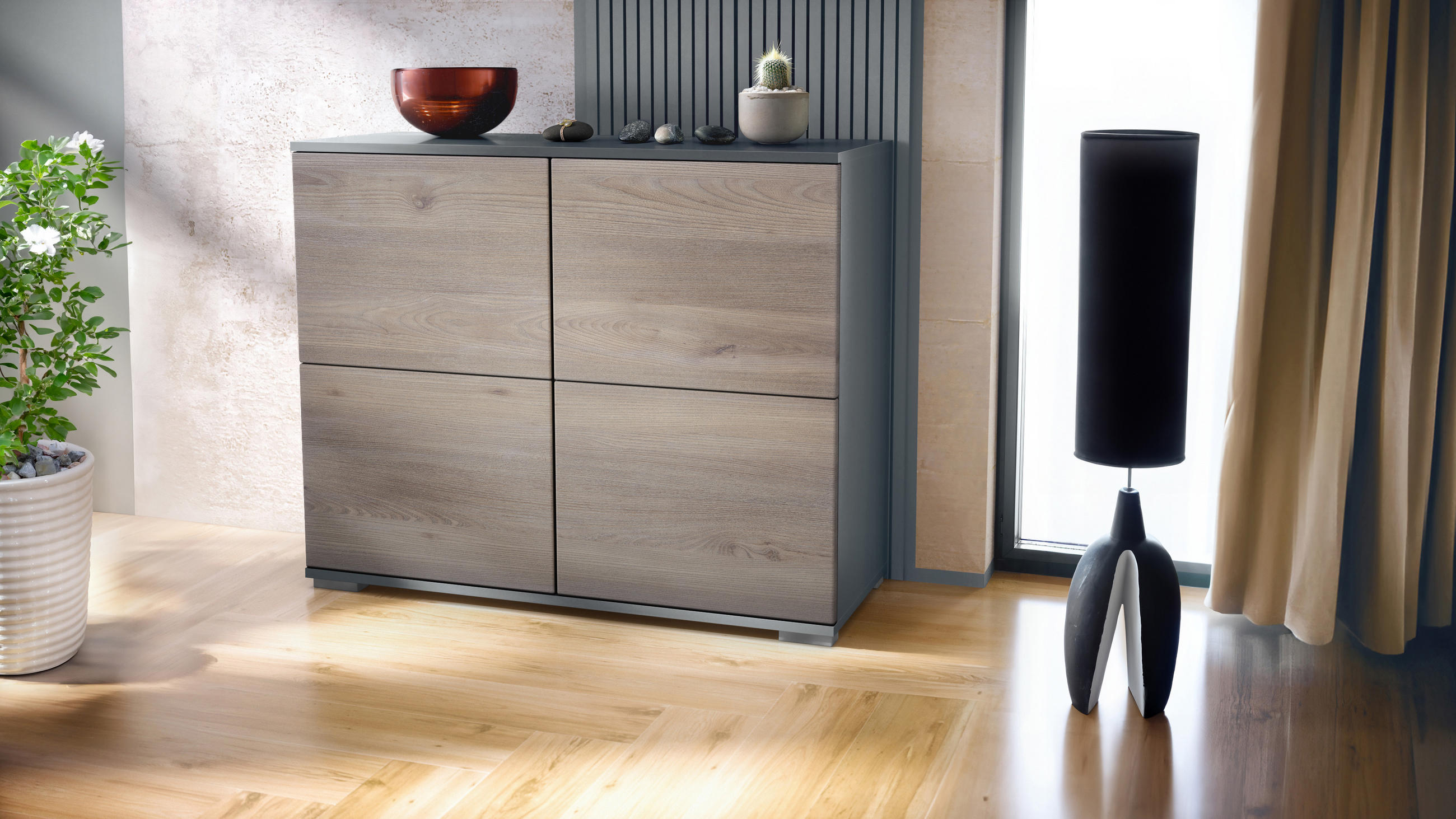 KOMMODE Rova Eiche Nordic - Silbereichenfarben, Holzwerkstoff (92.5/75.5/35cm) - Vladon