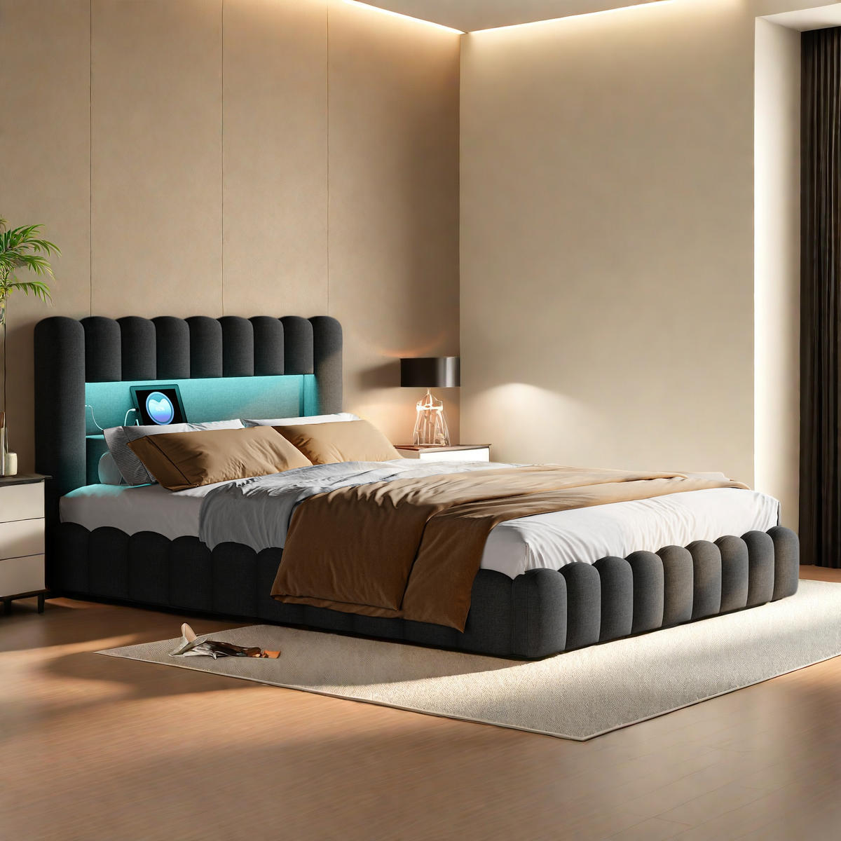 POLSTERBETT 180x200 cm LED Hydraulik Stauraum Lattenrost Leinen grau - Grau, Holz (180/200cm) - LEBENLANG