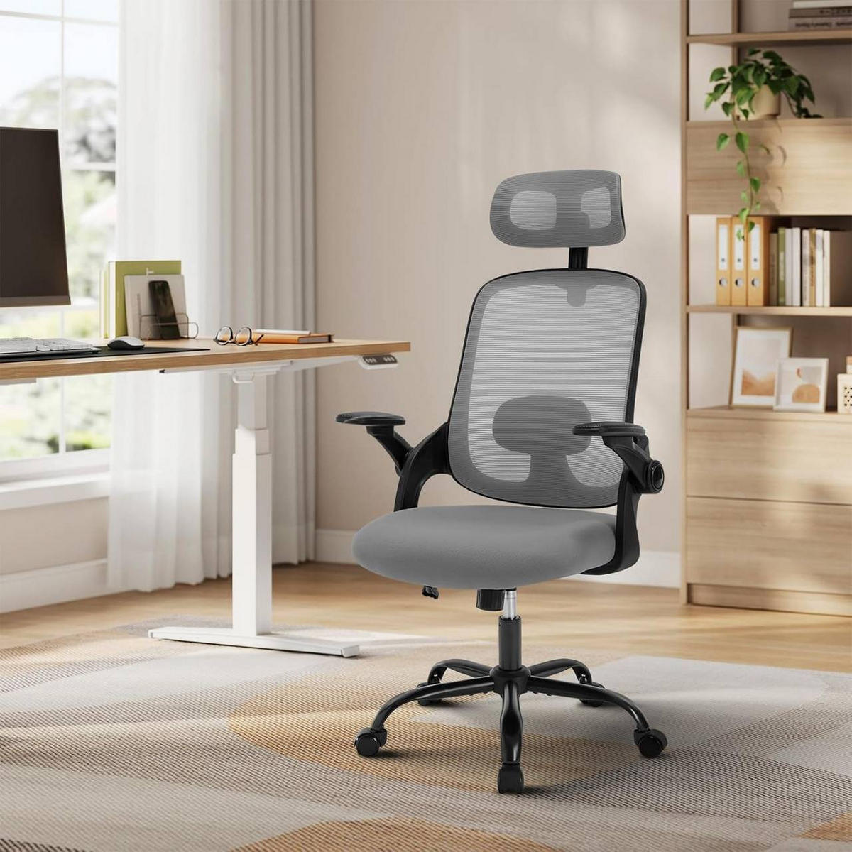 DREHSTUHL mit Wippfunktion, Netzstoff, Grau - Schwarz/Grau, Kunststoff/Textil (63.5/109.5/50cm) - Woltu