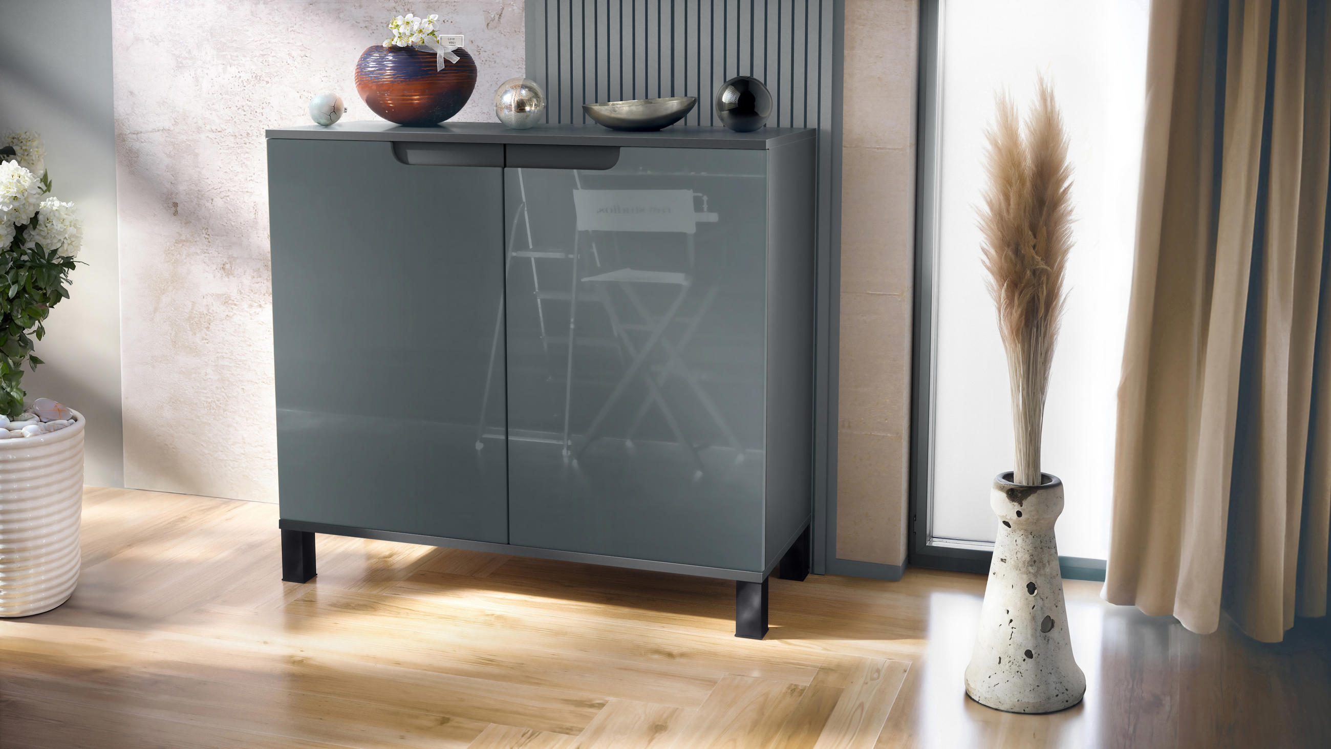 KOMMODE Sylt Grau Hochglanz - Grau, Holzwerkstoff (92.5/84.5/35cm) - Vladon