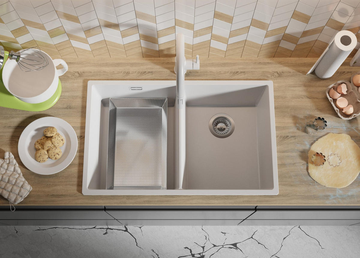 SPÜLBECKEN London Slim Twin, 2-er set Weiß 76/47 cm 2 Becken + Ablauf-Set ab 80er Unterschrank - Chromfarben/Weiß, Kunststoff (76/20/47cm) - Primagran