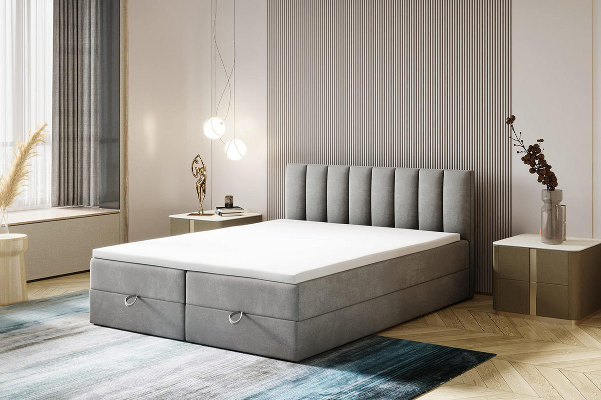BOXBETT 200 x 200 cm mit Bonellmatratze H3, CITY, Elegant gestepptes Kopfteil und Topper 5cm, Bettkasten, Grau - Grau, Holzwerkstoff/Kunststoff (200/200cm) - Trada