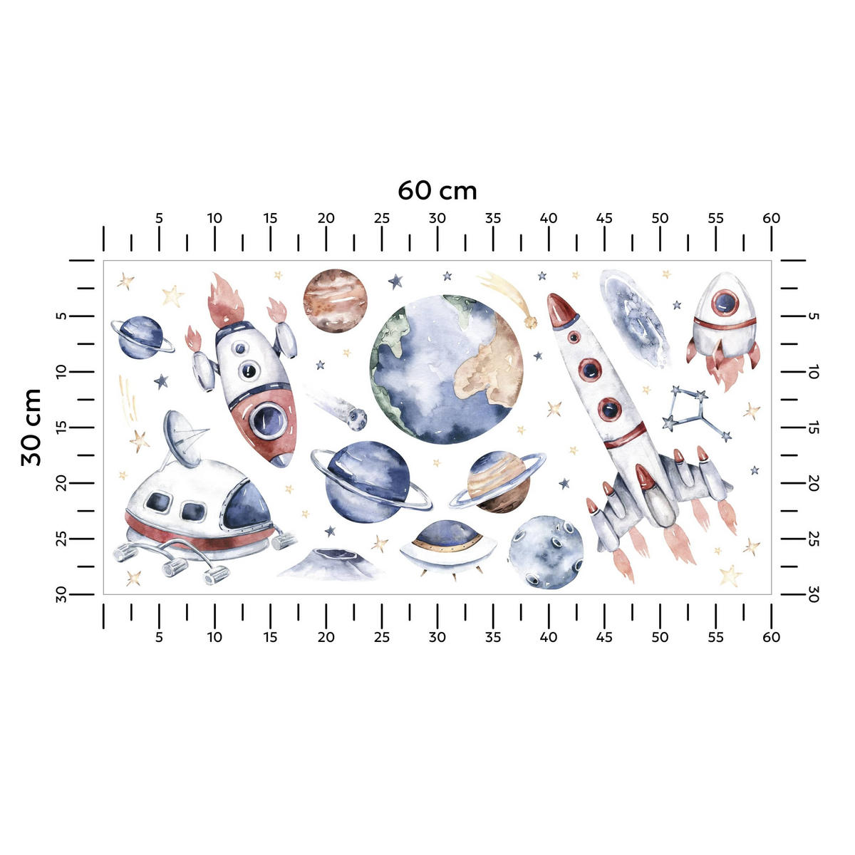 AUFKLEBER SET Weltraumraketen Sternen Planeten 60x30 - Gelb/Beige, Papier (60/30/1cm) - Muralo