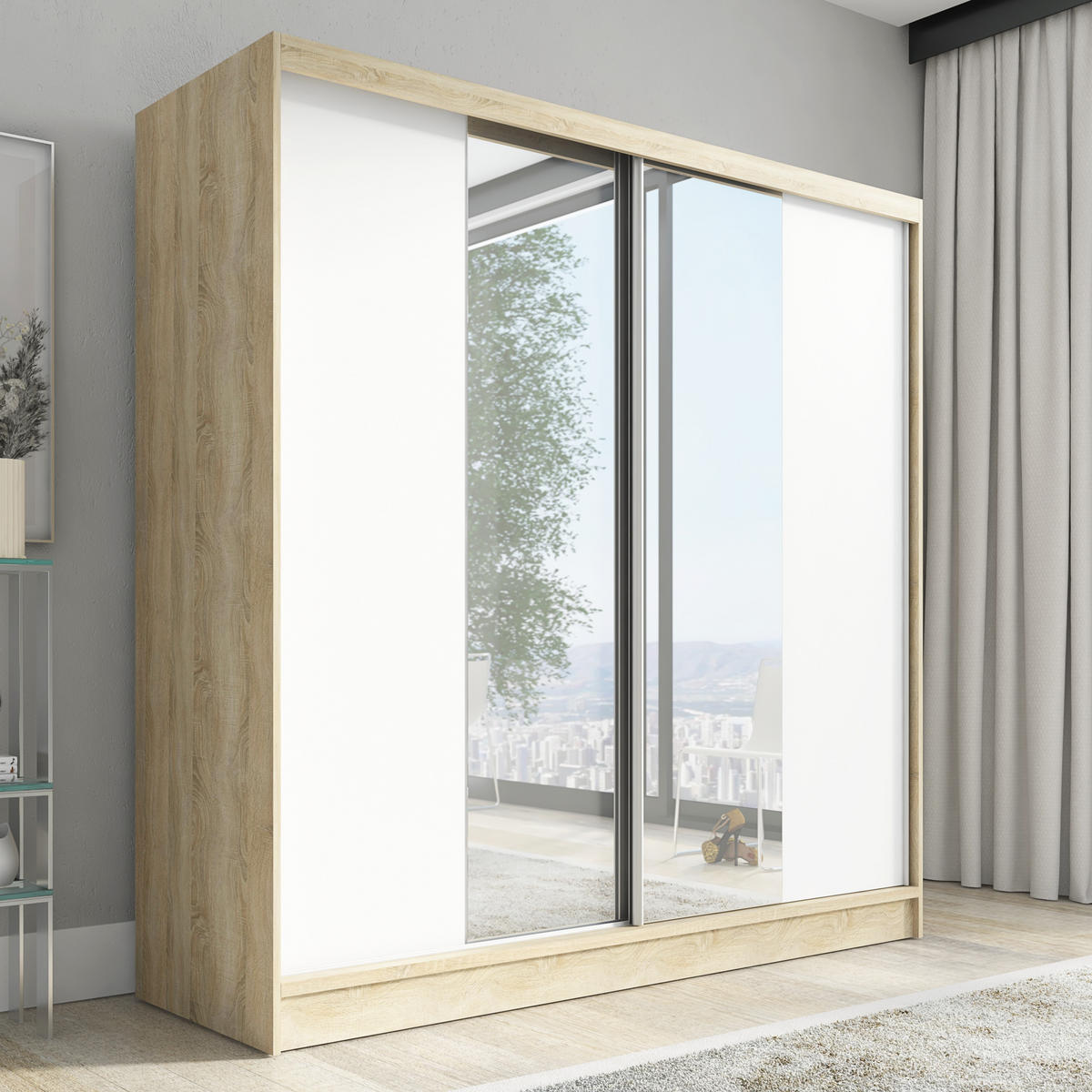 SCHWEBETÜRENSCHRANK 200 CM DUO Farbe: Sonoma | weiß - Braun/Weiß, Holzwerkstoff (200/215/60cm) - A&J MöbelLand