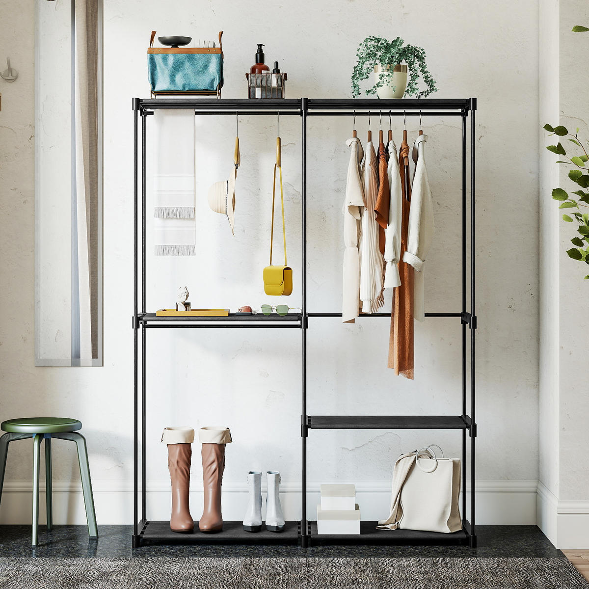 KLEIDERSCHRANK Stoffschrank mit Kleiderstange, Ablagen Stoffkleiderschrank - Schwarz, Metall (43/185/142cm) - HOMCOM