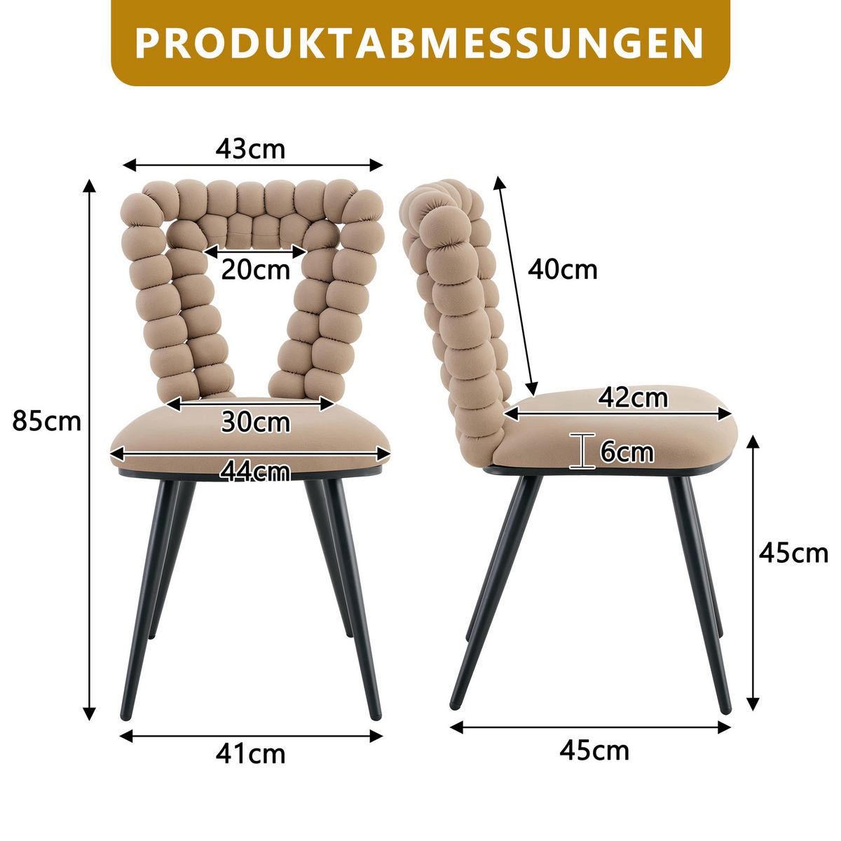 STUHL-SET DE-36763 2 Stück mit dreieckigem Ausschnitts-Rückenlehne Camelfarben - Sandfarben, Metall (44/85/45cm) - ComfortXL