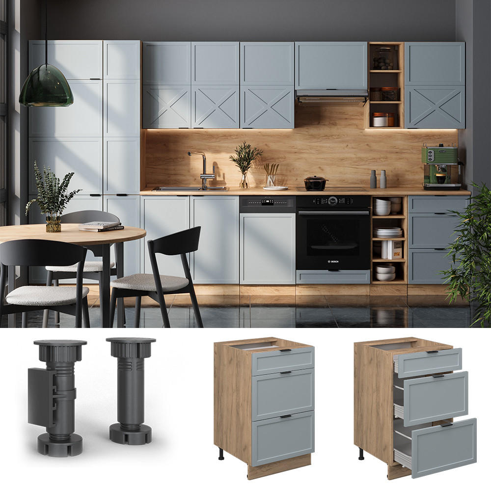 Thumbnail - Vicco Küchenunterschrank, Hellblau, Holzwerkstoff, 3 Fächer, 3 Schubladen, Rechteckig, 50x82x60 cm, Küchen, Küchenmöbel,...