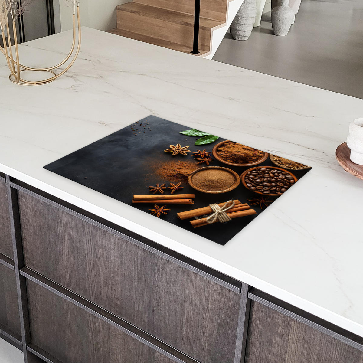 HERDABDECKPLATTE Zimt - Beton - Kaffee - Zimtstangen - Gewürze Herdabdeckung Induktionsfeld 75x52 cm - Mokka, Kunststoff (75/52/0.2cm) - MuchoWow