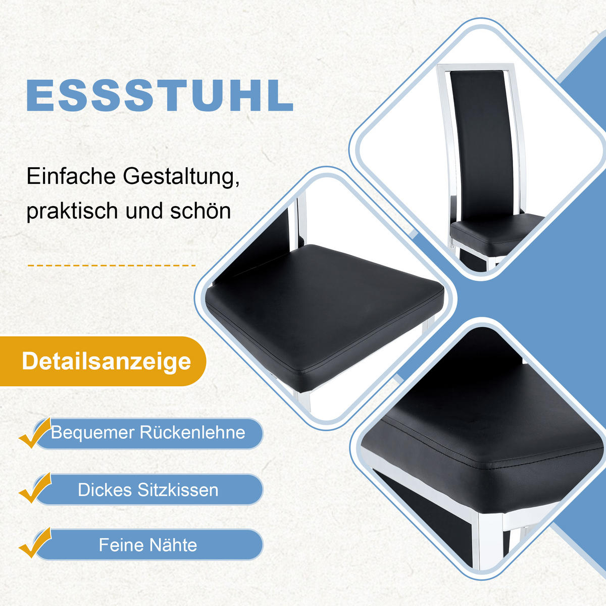 STUHL-SET DE-36611 4 Stück mit PU-Bezug und Metallrahmen Schwarz - Schwarz, Metall (42.7/109/44cm) - ComfortXL