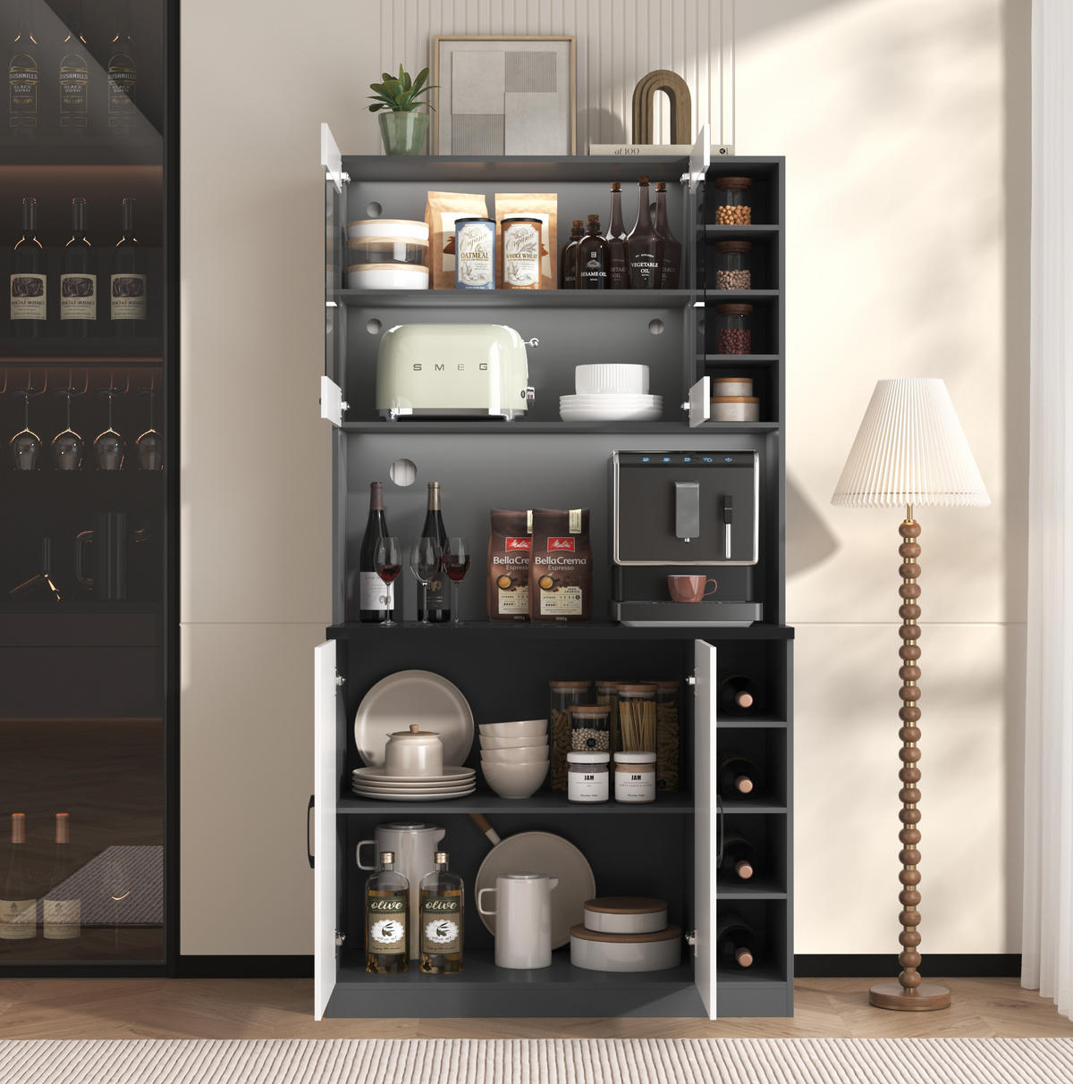 KÜCHENSCHRANK mit LED 100 x 47 x 187 cm MDF Weiß/Grau 3-türig - Weiß, Holzwerkstoff (47/187/100cm) - Meubliv
