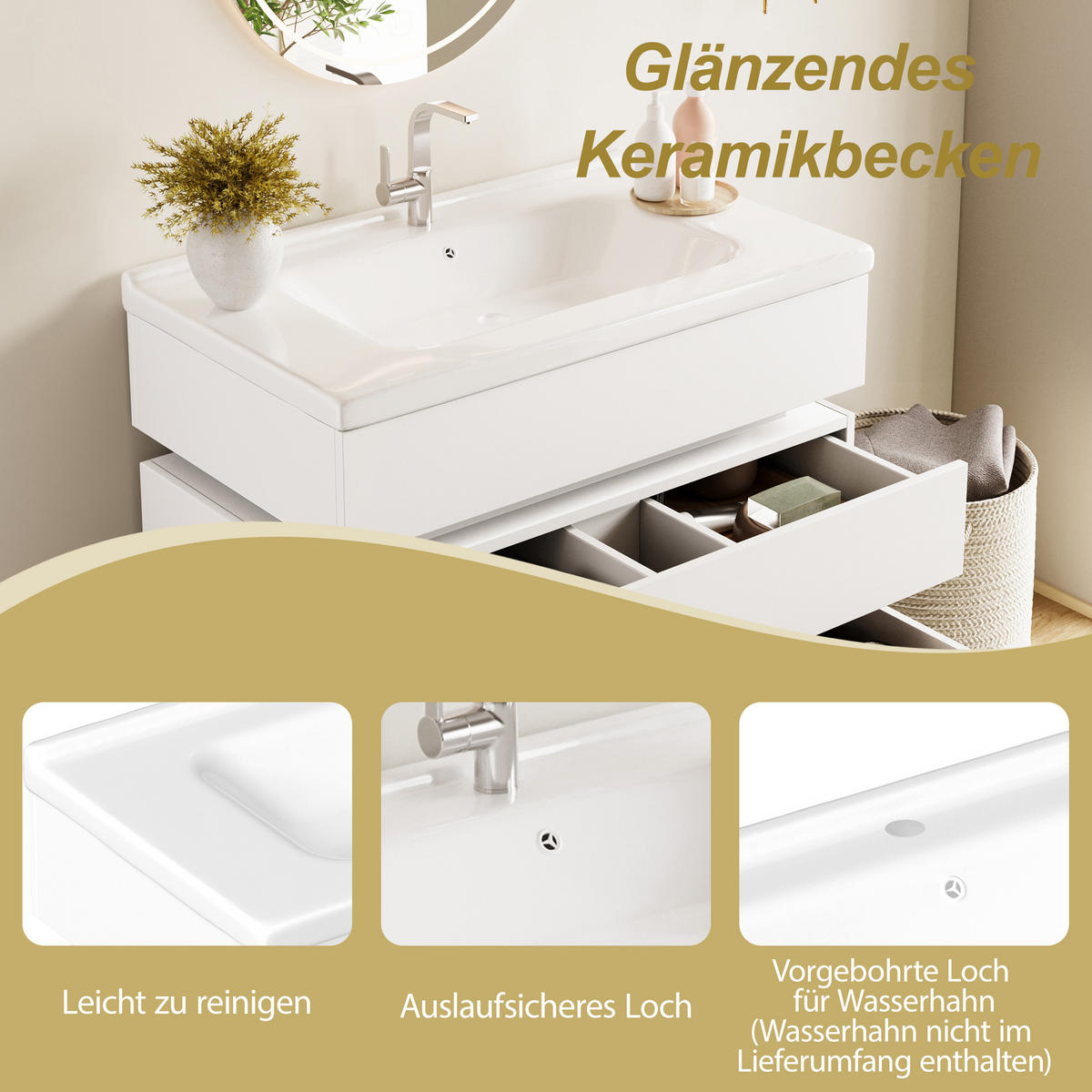 WASCHTISCH Weiß 81/47.5/57 cm hängend mit LED-Beleuchtung - Weiß, Holz (81/57/47.5cm) - PANGIVO