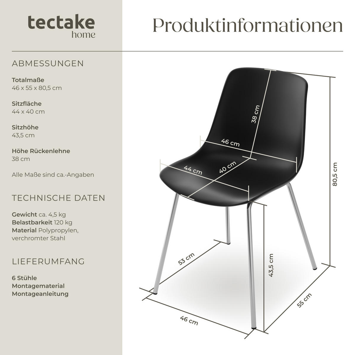 KUNSTSTOFFSTUHL 6er Set Mave 46 x 55 x 80 5 cm schwarz/chrom - Schwarz, Textil (46/80.5/55cm) - tectake