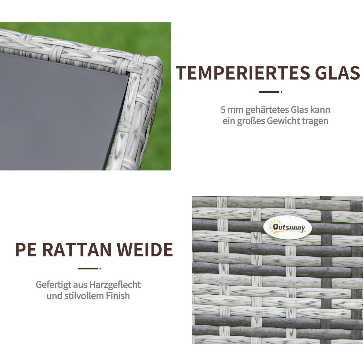 ESSTISCH, Grau+Schwarz, Metall, Sicherheitsglas, Polyrattan - Grau, Kunststoff (150/85/74cm) - Outsunny