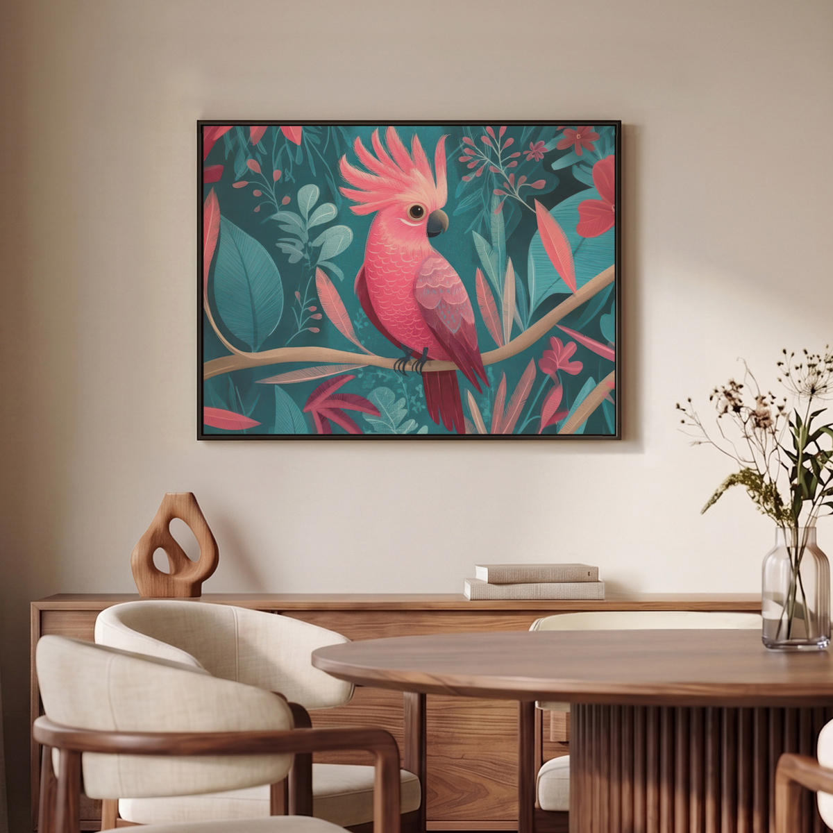 LEINWAND Bilder mit Rahmen - Kakadu - Tropische Blätter - Zweig - 70x50 - Petrol, Textil (70/50cm) - MuchoWow