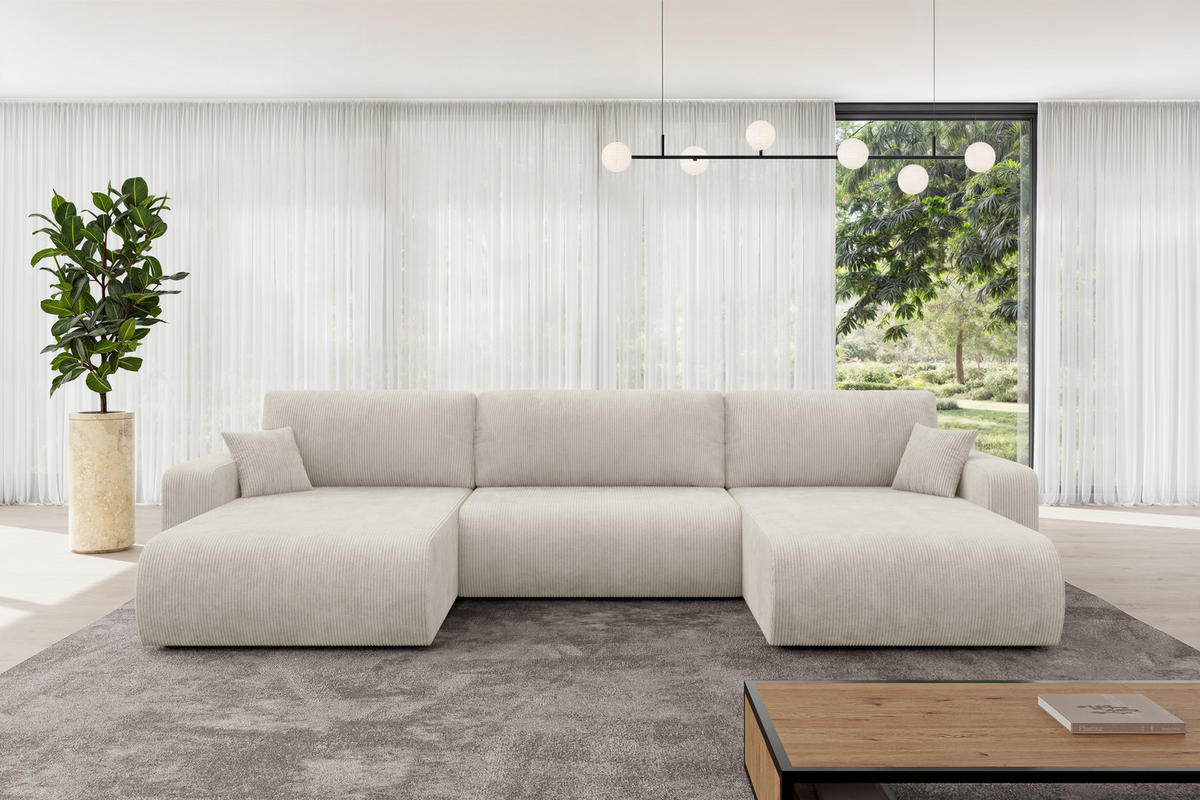SEDACÍ SOUPRAVA DO U s funkcí spaní a úložným prostorem BERY-U 377x193x88 krémová manšestr - černá/krémová, kompozitní dřevo/textil (377/88/193cm) - ALTDECOR