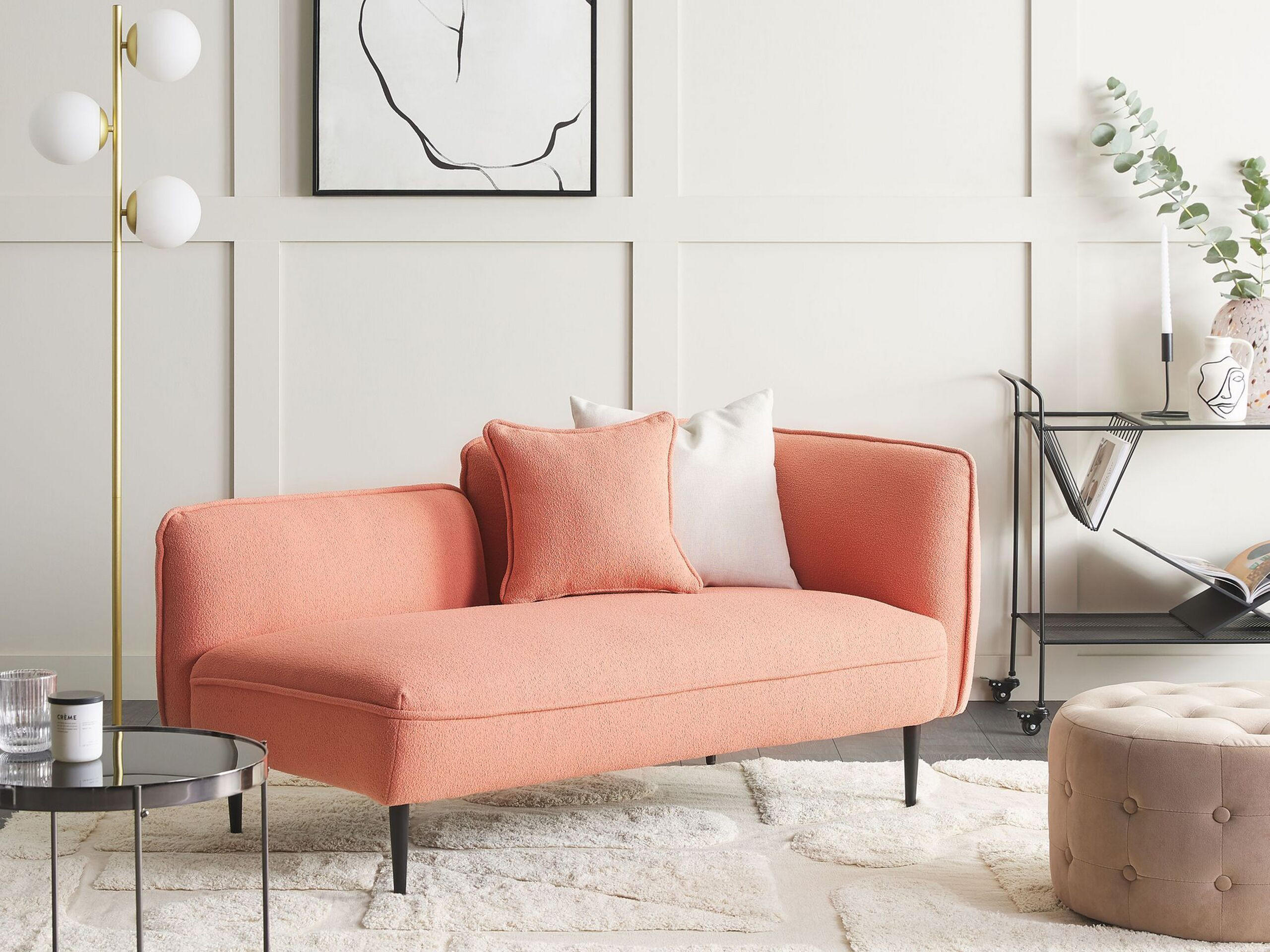 CHAISELONGUE Bouclé pfirsichrosa rechtsseitig Chevannes - Pink/Schwarz, Textil (138/74/77cm) - Beliani