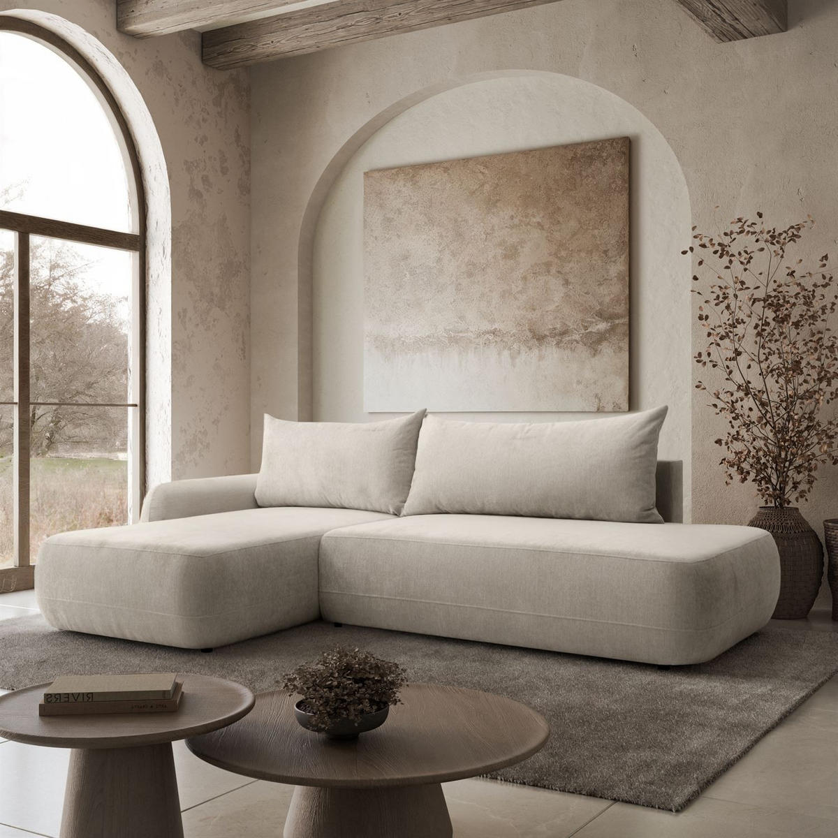 ECKSOFA GOYA mit Schlaffunktion und Bettkasten, Linke, Perfect Harmony 04 - Ecru, Textil (184/302cm) - Lookway