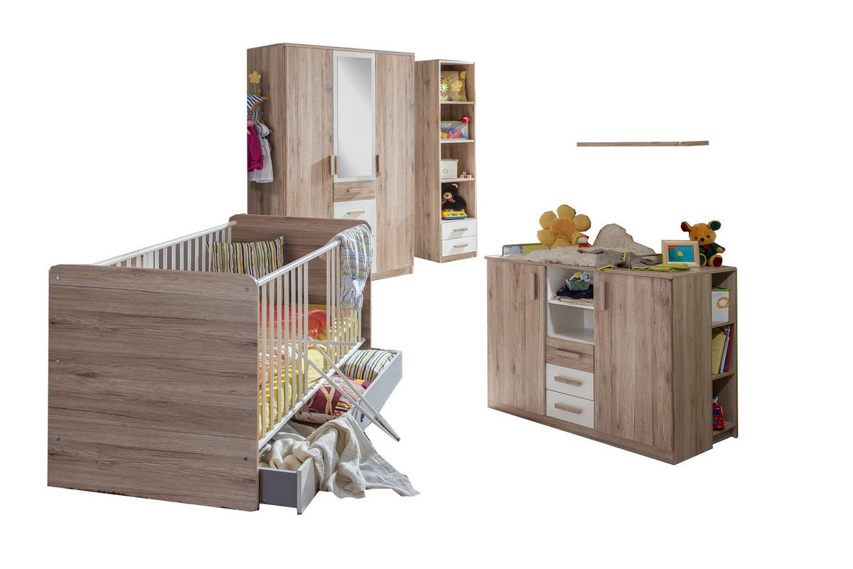 BABYZIMMER Cariba in Eiche San Remo und Weiß 9 teilig - Braun, Holzwerkstoff (120/200cm)