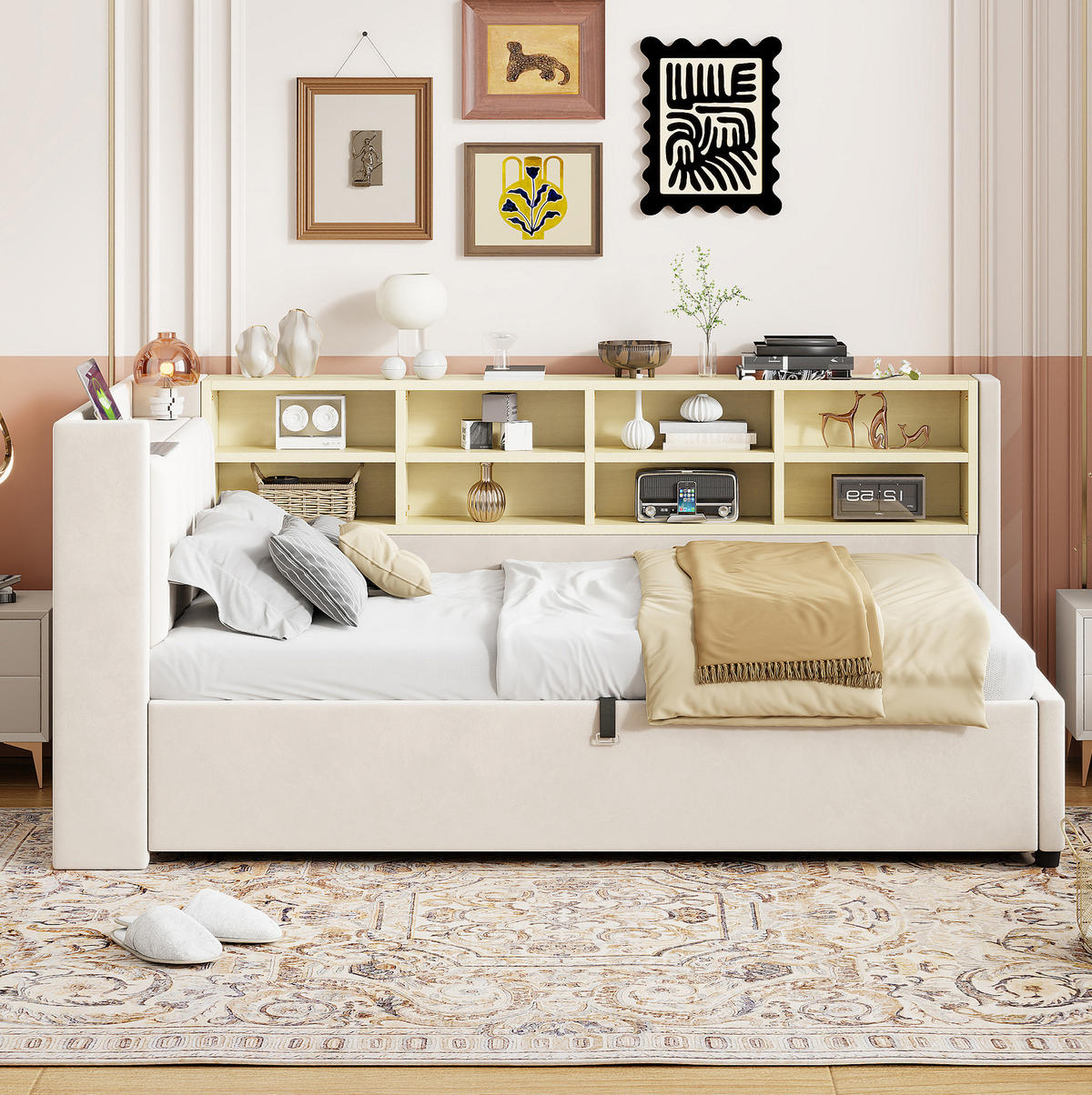 POLSTERBETT Schlafsofa aus Samt 90x200 cm Beige mit hydraulischem Stauraum, Nachtlicht, USB- und Typ-C-Anschluss - Beige, Textil (90/200cm) - Modfu
