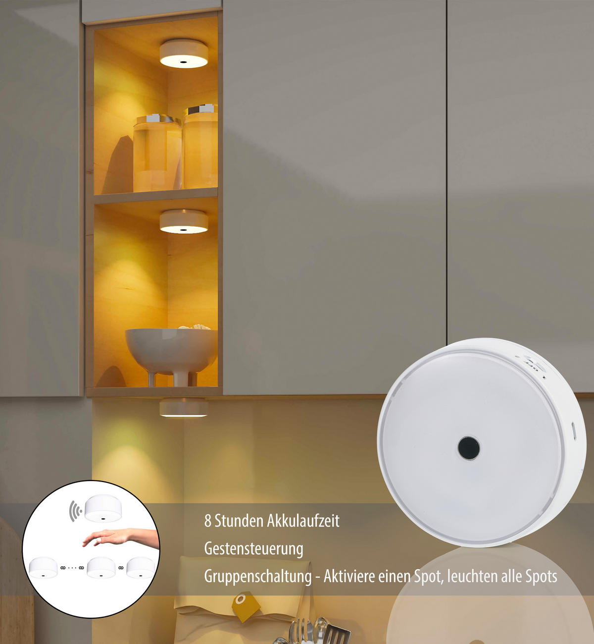 LED-AKKU Schranklichter Spots Unterbauleuchte Ø 9,5 x 3,6 cm 4er-Set Funkverbindung mit Gestensteuerung - Weiß, Kunststoff (3.6/9.5/9.5cm) - Northpoint